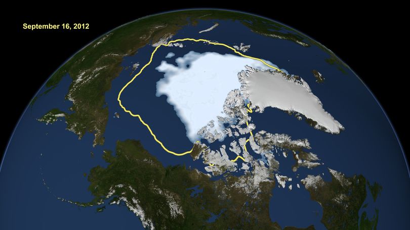 This image made available by NASA shows the amount of summer sea ice in the Arctic on Sunday, Sept. 16, 2012, at center in white, and the 1979 to 2000 average extent for the day shown, with the yellow line. Scientists say sea ice in the Arctic shrank to an all-time low of 1.32 million square miles on Sunday, Sept. 16, 2012, smashing old records for the critical climate indicator. That's 18 percent smaller than the previous record set in 2007. Records go back to 1979 based on satellite tracking. (Nasa)