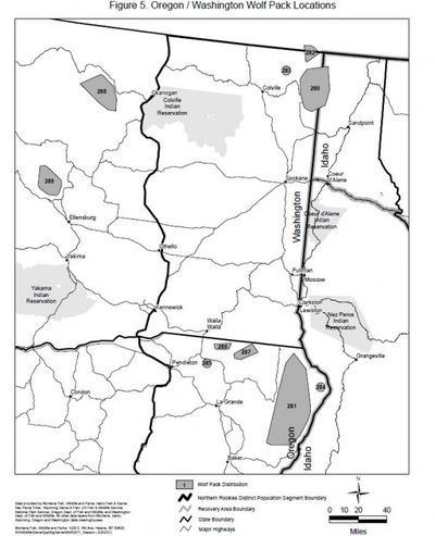 Maps shows wolf packs documented at the end of 2011 in Oregon and Washington. (U.S. Fish and Wildlife Service)