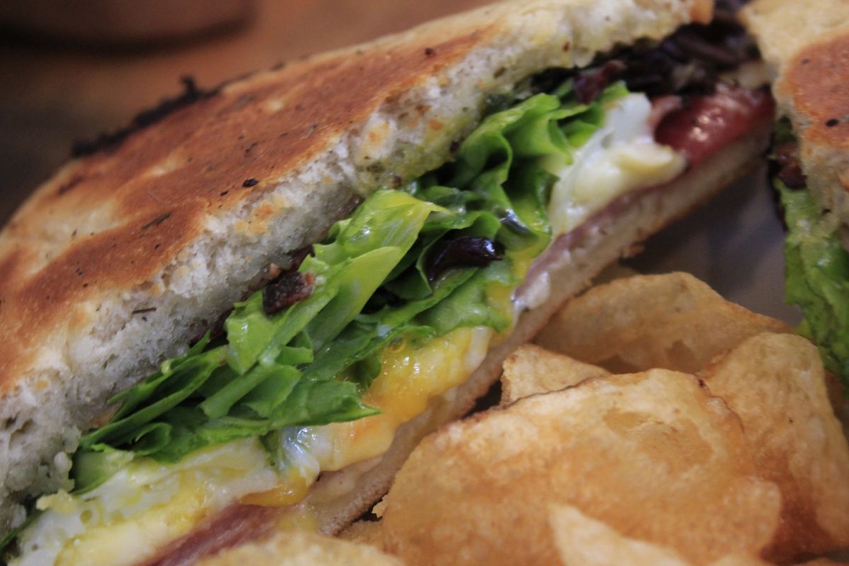 A panini served with chips at The Mason Jar in Cheney. (Adriana Janovich)