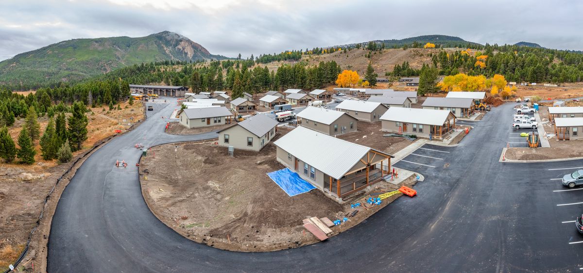 Preparations are made in 2021 to pour concrete sidewalks for new modular housing units near Mammoth Hot Springs in Yellowstone National Park.  (Jacob W. Frank/NPS)