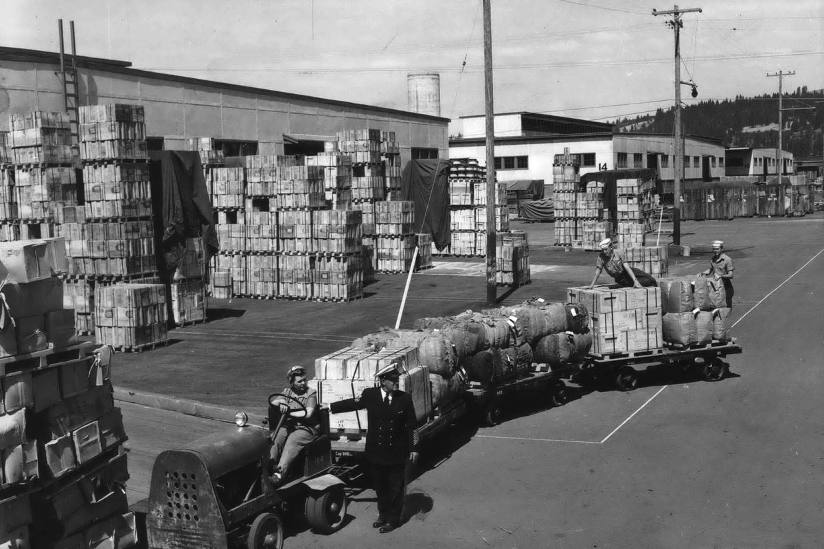 1944 -The U.S. Navy���s Velox Naval Supply Depot, sending supplies to Pacific naval bases, is as busy as any seaport naval supply installation and makes Spokane a front-line supply base. Women filled many jobs on the homefront during World War II. The scene above shows one of the depot