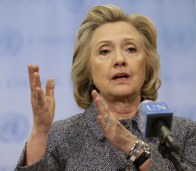 Ex-Secretary of State Hillary Rodham Clinton speaks Tuesday at U.N. headquarters. (Associated Press)