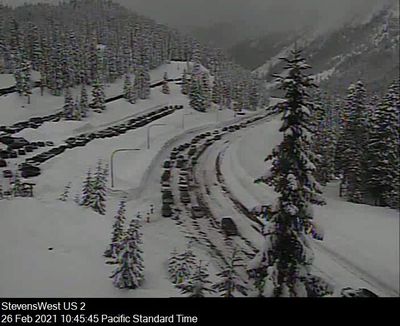 This picture shows Stevens Pass from one of the Washington Department of Transportation's road cameras Friday.  (Washington Department of Transportation )