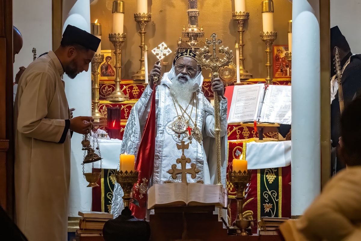 His Holiness Moran Mor Baselios Mor Thoma Mathews III Catholicos of the East and Head of the Malankara Orthodox Syrian Church, also known as the Indian Orthodox Church, celebrates the divine liturgy in a church service at the St. Gregoriois Malankara Orthodox Syrian Parish on Wednesday in Spokane. (COLIN MULVANY/THE SPOKESMAN-REVIEW)