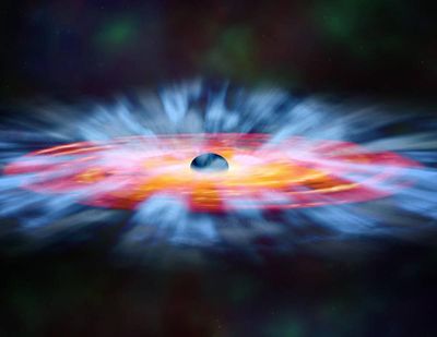 In this artist’s illustration, turbulent winds of gas swirl around a black hole. Some of the gas is spiraling inward toward the black hole, but another part is blown away. (NASA/M. Weiss (Chandra X -ray Ce / Courtesy of NASA and M. Weiss (Chandra X -ray Center))