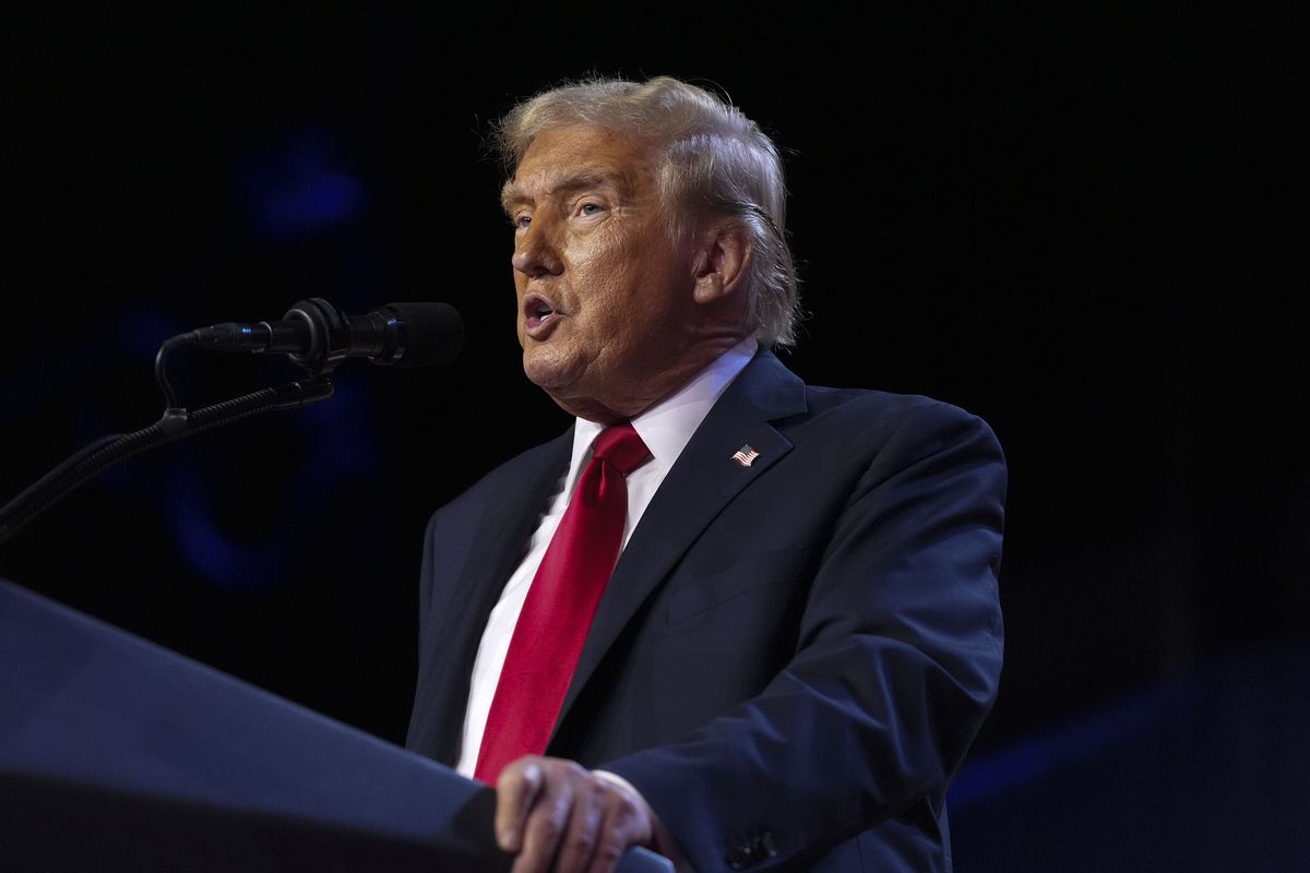 Donald Trump addresses the crowd during an election night party at the Palm Beach County Convention Center in West Palm Beach, Florida, on Tuesday.   (Jabin Botsford/The Washington Post)