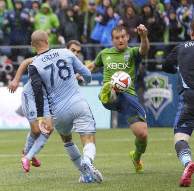 Making his Seattle Sounders debut, forward Chad Barrett prodded in the winner during second half-stoppage time. (Associated Press)
