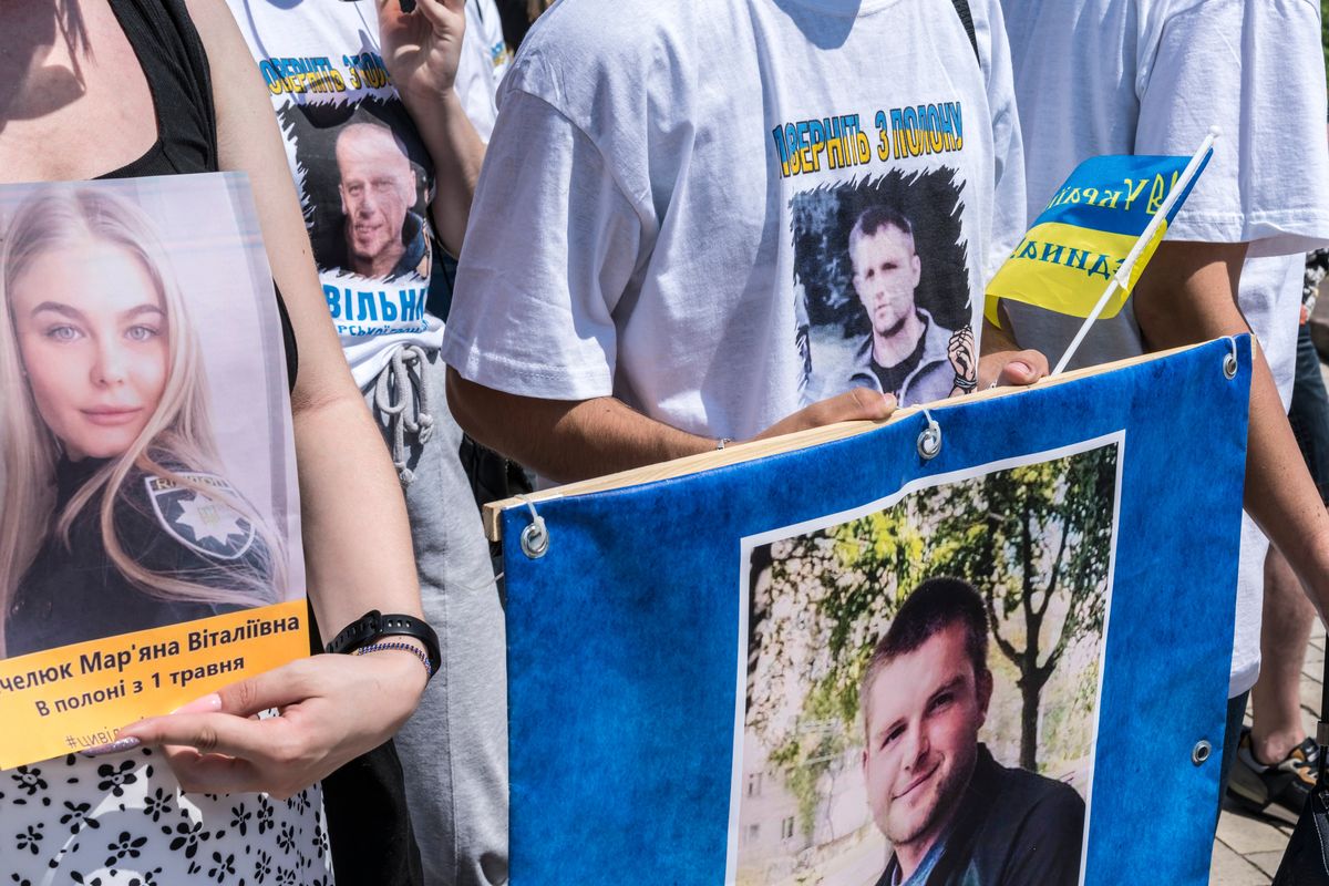 Demonstrators gather in Shevchenko Park to call on Russia to release captured Ukrainian civilians, in Kyiv on Saturday, June 10, 2023. In fierce battles along the front line this past week, Ukraine