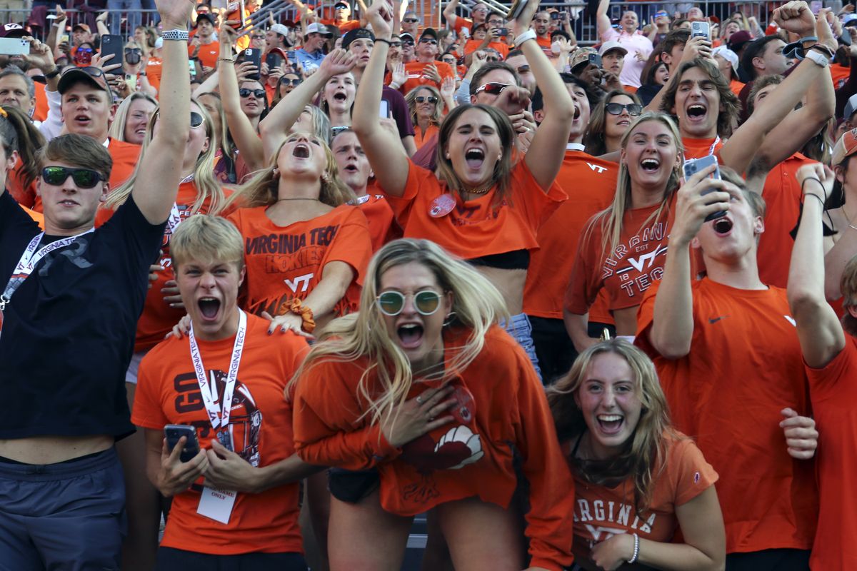 FILE - In this Friday, Sept. 3, 2021, file photo, Virginia Tech fans cheer as they wait for the start of the team