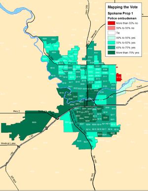 Map of the election night totals for Spokane Proposition 1 on the Police ombudsman (Jim Camden)