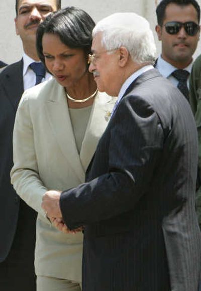 
U.S. Secretary of State Condoleezza Rice talks with Palestinian Authority President Mahmoud Abbas on Thursday.Associated Press
 (Associated Press / The Spokesman-Review)
