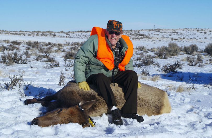 Gordon Blossom of Thorp, Washington, poses with elk he hunted at the age of 100. (R.G. Blossom / Courtesy)