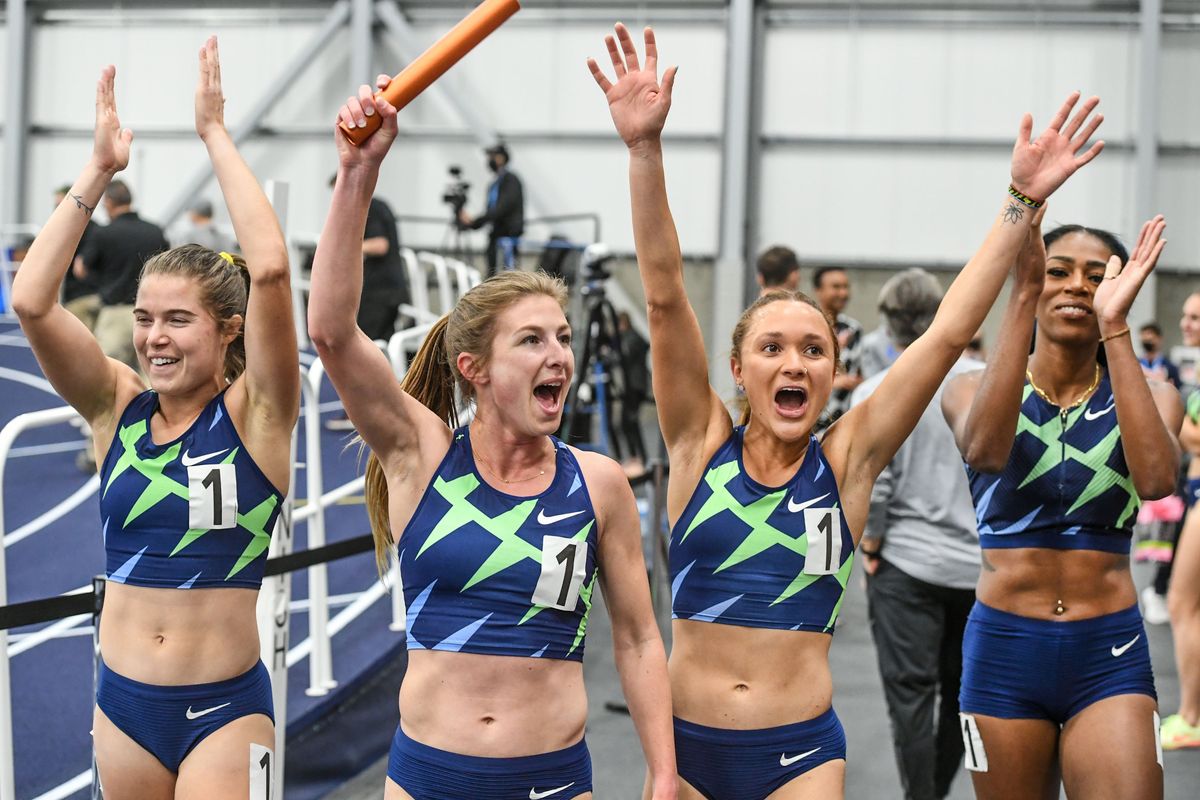 Members of the Nike Union Athletics Club, from left, Ella Donaghu, Shannon Osika, Sinclaire Johnson and Raevyn Rogers, celebrate their world record of 10:39.91 Friday in Spokane.  (DAN PELLE/THE SPOKESMAN-REVIEW)