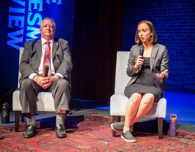 Al French, on left, and Maggie Yates, candidates for Spokane County Commissioner, debate at the Northwest Passages Pints and Politics Candidate Forum, Thursday, October, 6, 2022, at the Bing Theater.  (Colin Mulvany/The Spokesman-Review)