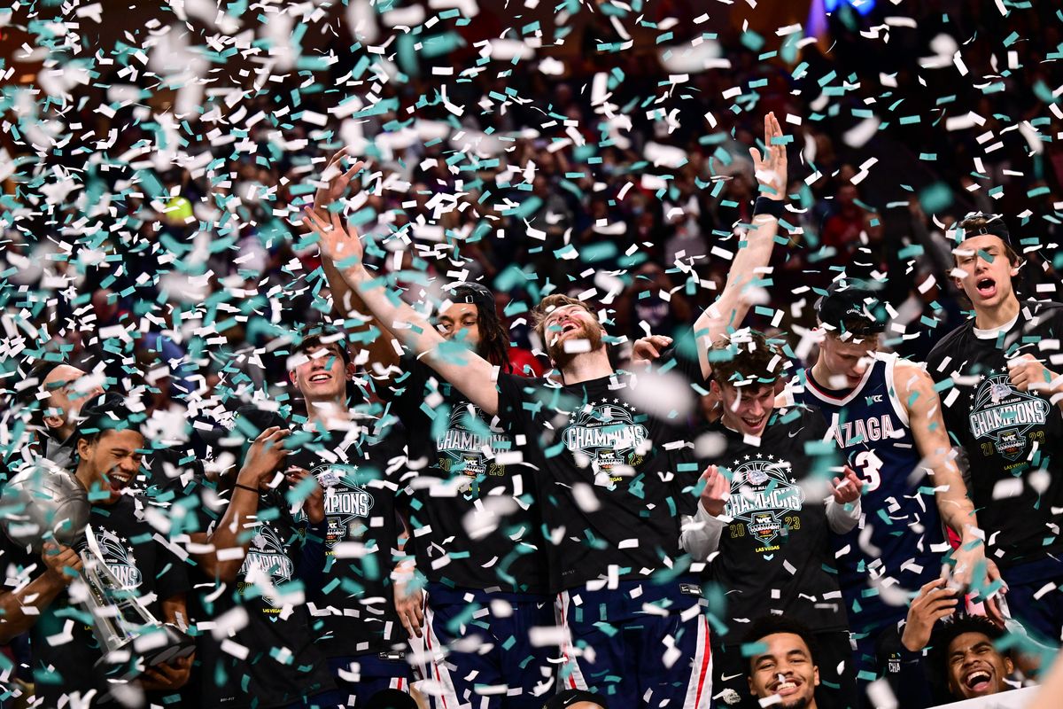 during the second half of a WCC tournament championship basketball game on Tuesday, March 7, 2023, at the Orleans Arena in Las Vegas, Nev. Gonzaga won the game 77-51.  (Tyler Tjomsland/The Spokesman-Review)