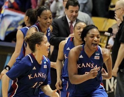Kansas Jayhawks’ Monica Engelman celebrates a victory. (Associated Press)