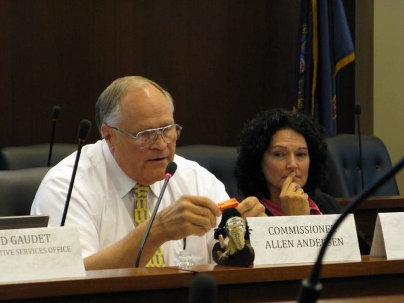 Idaho redistricting commission Co-Chairman Allen Andersen, left, and Commissioner Julie Kane, as the commission begins its meeting on Monday, on Labor Day. (Betsy Russell)