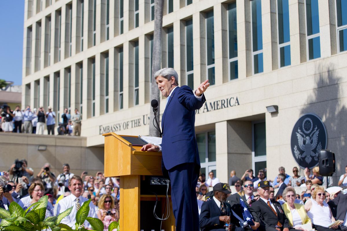 Secretary of State John Kerry speaks during the raising of the U.S. flag over the newly reopened embassy in Havana, Cuba. Friday, Aug. 14, 2015. Kerry traveled to the Cuban capital to raise the U.S. flag and formally reopen the long-closed U.S. Embassy. Cuba and U.S. officially restored diplomatic relations July 20, as part of efforts to normalize ties between the former Cold War foes. (Pablo Monsivais / Ap Pool)