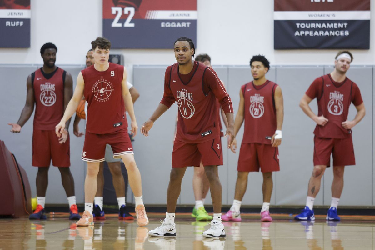 Washington State’s ND Okafor, left, Tómas Thrastarson, Jerone Morton, Ace Glass and Simon Hildebrandt participate in a practice on Oct. 8 in Pullman. (Geoff Crimmins/For The Spokesman-Review)