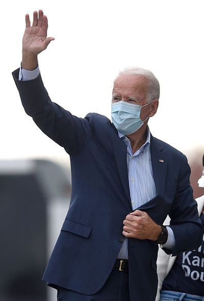 Democratic presidential candidate former Vice President Joe Biden arrives for a tour at the Plumbers Local Union No. 27 training center, Saturday, Oct. 10, 2020, in Erie, Pa.  (Jack Hanrahan)