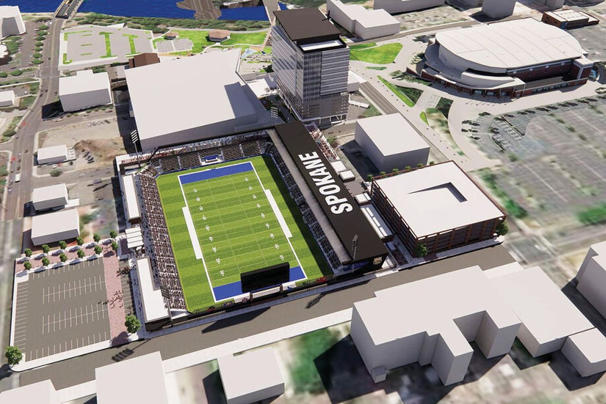 This rendering shows the planned 5,000-seat sports stadium in downtown Spokane. Spokane Public Schools has submitted plans to begin construction this year.  (Courtesy of Downtown Spokane Partnership)