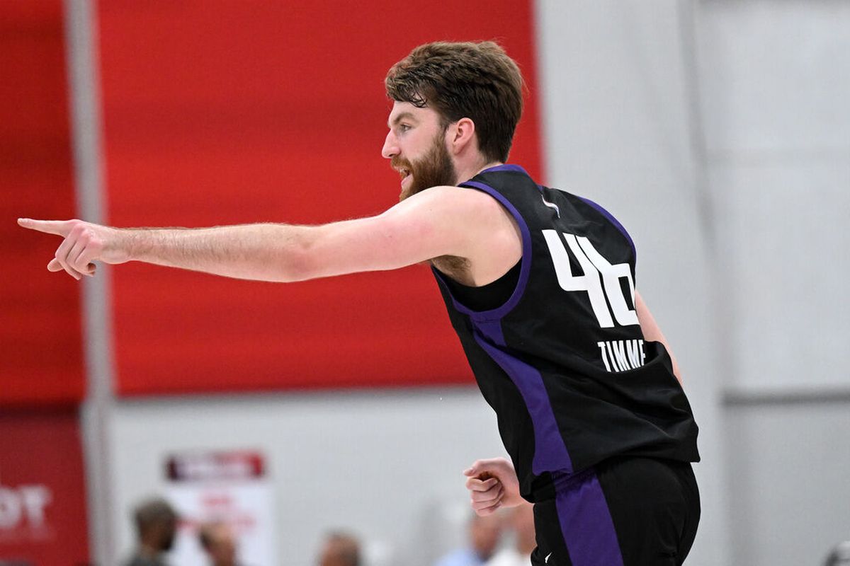 Sacramento center Drew Timme (46) reacts during an NBA Summer League matchup against the Memphis Grizzlies on Friday, Jul. 12, 2024, at Cox Pavilion in Las Vegas, Nev.  (Tyler Tjomsland / The Spokesman-Review)