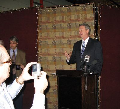 Idaho Lt. Gov. Brad Little addresses the Idaho Press Club on Wednesday; he said the new closed-primary election bill that's in the works isn't as bad as he feared as far as limiting voter participation. The bill is likely to come out late this week or early next week, he said. (Betsy Russell)