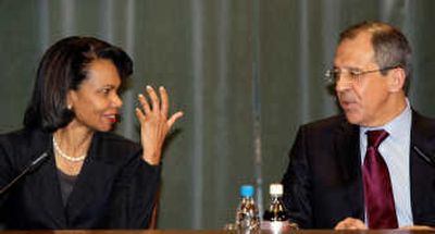 
U.S. Secretary of State Condoleezza Rice and Russian Foreign Minister Sergei Lavrov hold a news conference after their talks in Moscow on Tuesday.  Associated Press
 (Associated Press / The Spokesman-Review)