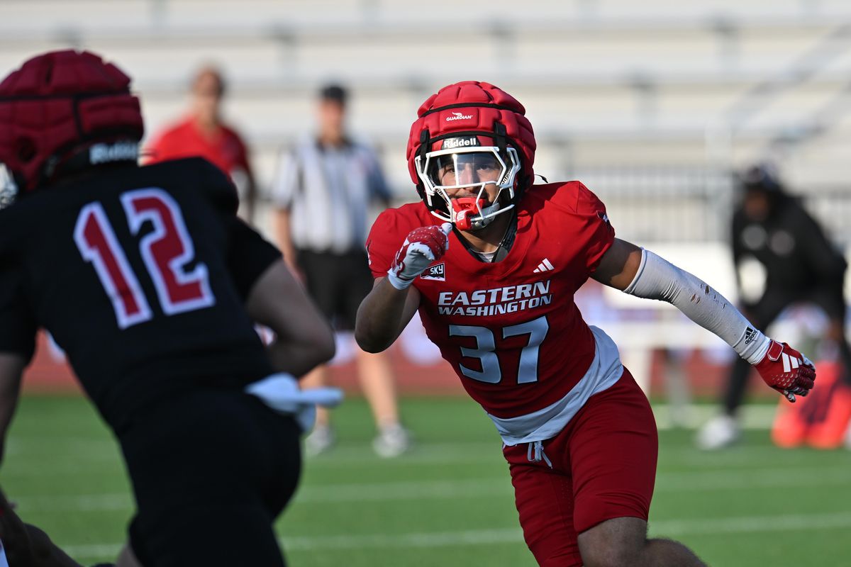 Eastern Washington Eagles linebacker Vincent MacAluso runs down the line during a practice on Thursday at ONE Spokane Stadium. (James Snook/For The Spokesman-Review)