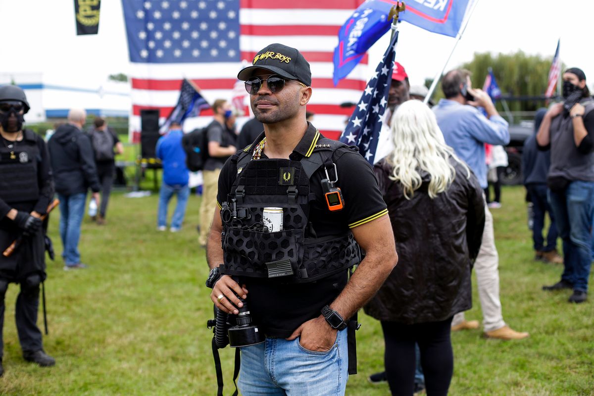 Proud Boys chairman Enrique Tarrio at Delta Park in Portland, Oregon, during a rally on Sept. 26, 2020.  (Joshua Lott/The Washington Post)