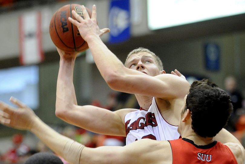 Eastern Washington forward Martin Seiferth (12) shoots against Southern Utah during the second half of a college basketball game on Saturday, February 16, 2013, in Cheney, Wash. (Tyler Tjomsland / The Spokesman-Review)