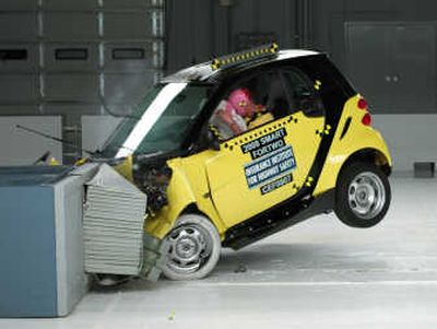 
This photo provided by the Insurance Institute for Highway Safety shows a frontal offset crash test of a 2008 Smart fortwo. Associated Press
 (Associated Press / The Spokesman-Review)
