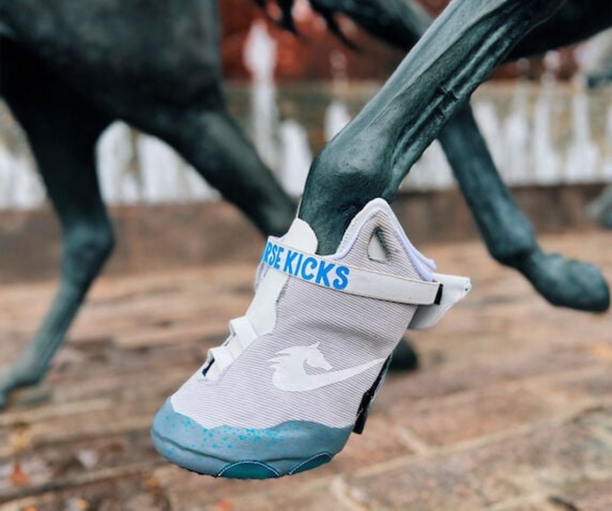 A horse sneaker designed by Marcus Floyd, who broke down a Nike athletic shoe and then reconstructed it into an equine fashion statement.  (Courtesy of Marcus Floyd)