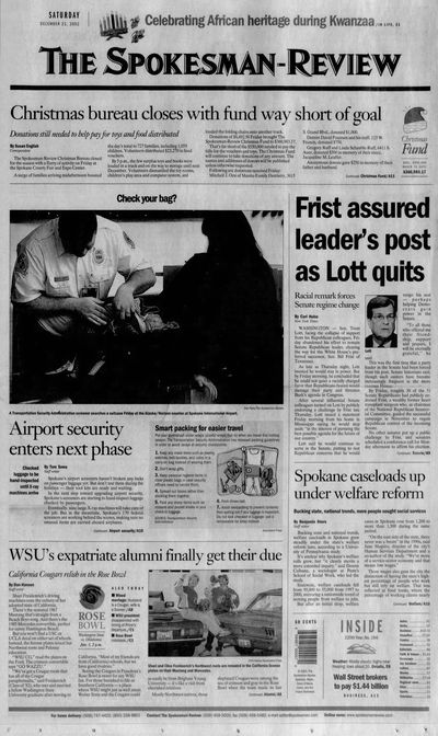 December 21, 2002 -- Airport security enters next phase. Checked luggage to be hand-inspected until X-ray machines arrive. Spokane's airport screeners haven't broken any locks on passenger luggage yet. But don't test them during the holidays -- their tool kits are ready and waiting. In the next step toward upgrading airport security, Spokane's screeners are starting to hand-inspect luggage checked by passengers. Eventually, nine large X-ray machines will take care of the job. But in the meantime, Spokane's 170 federal screeners are working behind the scenes, making sure no unusual items are carried aboard airplanes.