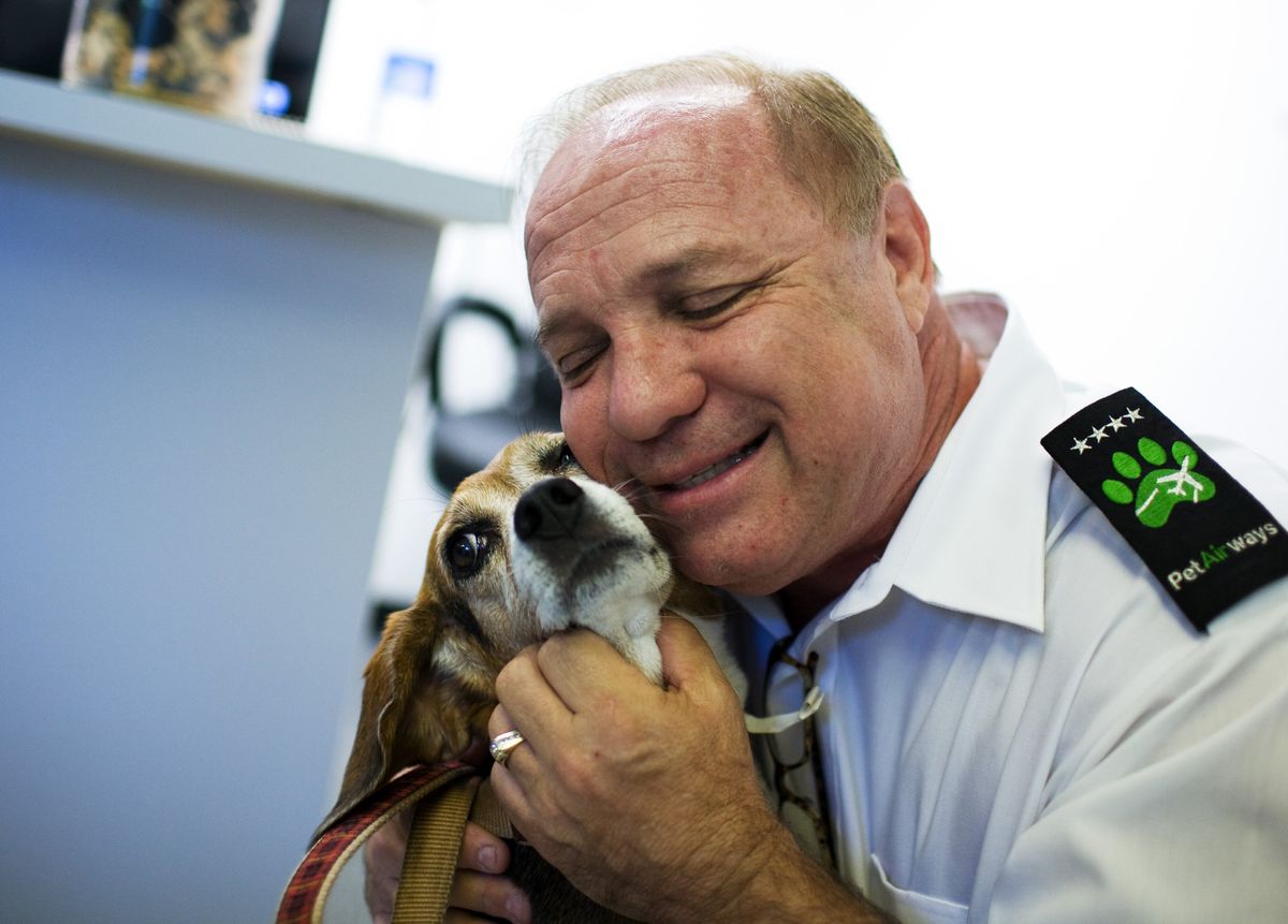 Dan Wiesel, CEO of Pet Airways, embraces a canine passenger at Pet Airways in East Farmingdale, N.Y. (The Spokesman-Review)
