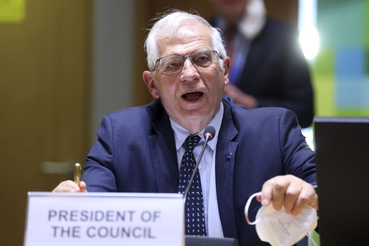 European Union foreign policy chief Josep Borrell speaks as he attends a meeting of EU foreign ministers to discuss the situation in Ukraine, at the European Council building in Brussels, Monday, April 19, 2021. European Union foreign ministers on Monday assessed the bloc