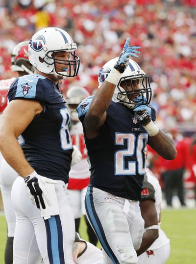 Titans RB Bishop Sankey celebrates one of his two TDs against Tampa Bay. (Associated Press)