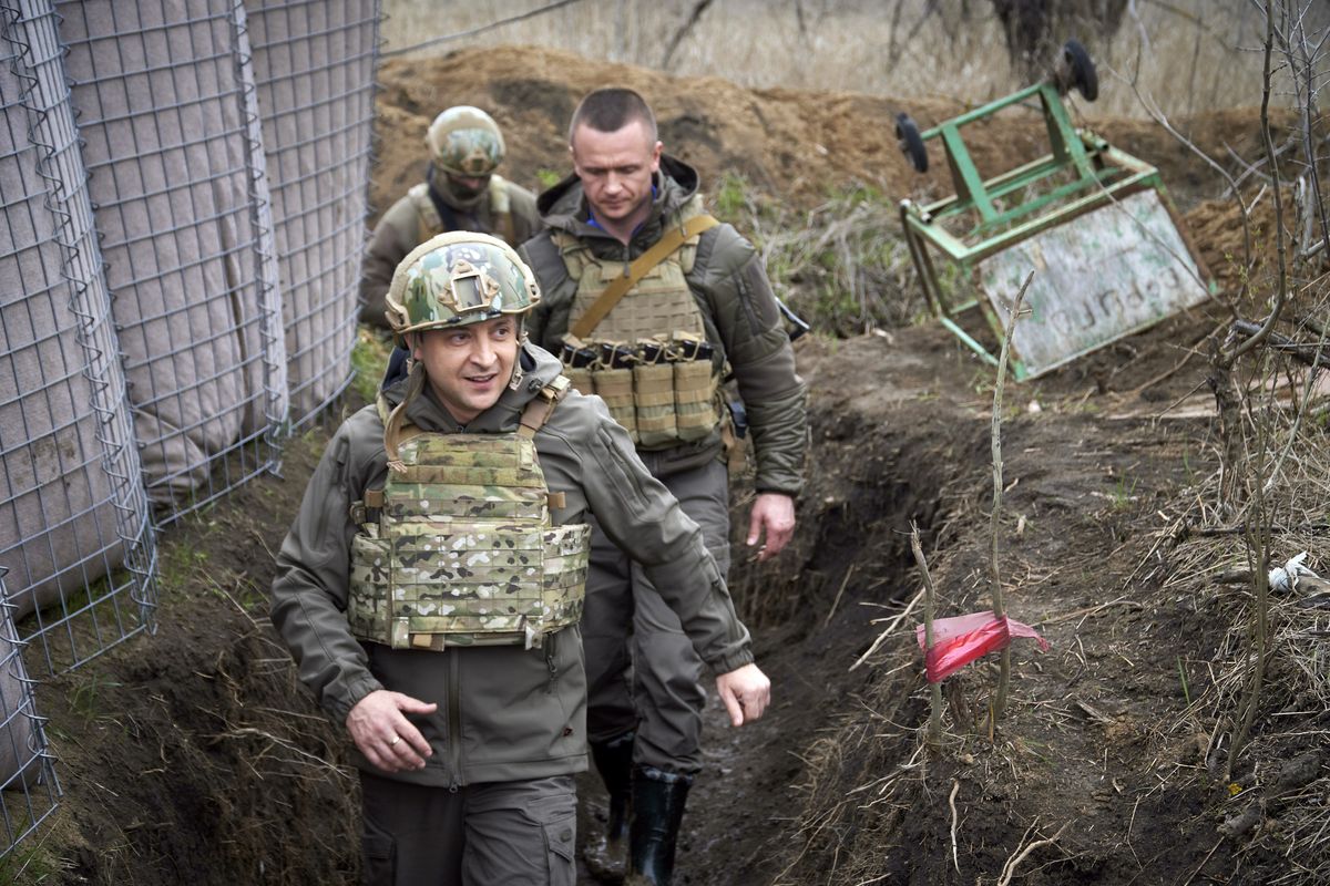 FILE - In this Friday, April 9, 2021 file photo, Ukrainian President Volodymyr Zelenskyy visits the war-hit Donbas region, eastern Ukraine. Zelenskyy has requested to speak to Russian President Vladimir Putin about the troop buildup in the Russian-Ukrainian border and the rising tensions in eastern Ukraine.  (HOGP)