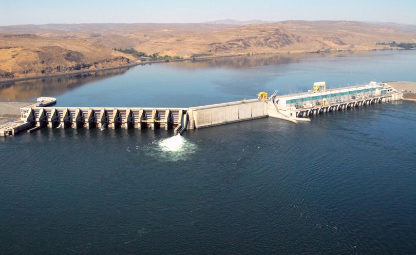 This undated photo provided by the Grant County Public Utility District shows the Wanapum Dam on the Columbia River. (Associated Press)