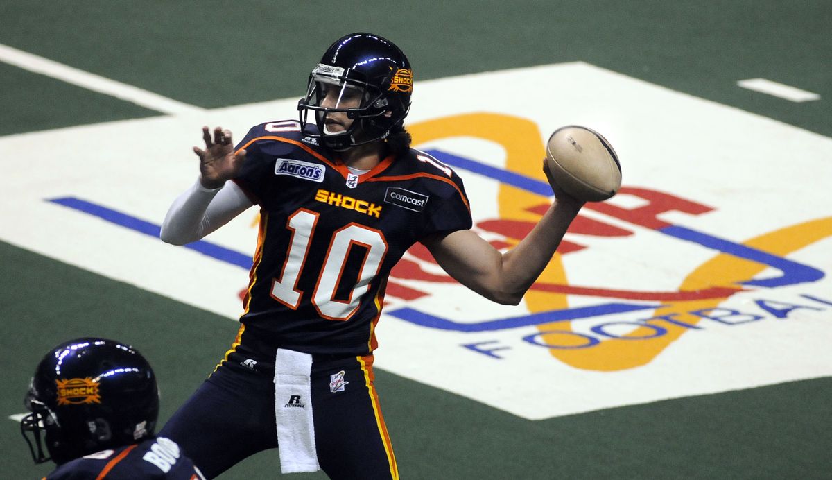 Spokane Shock QB Nick Davila launches a pass down field against Tri-Cities on Saturday, April 11, 2009, in the Spokane Arena. (Dan Pelle / The Spokesman-Review)