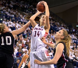 Gonzaga Bulldogs forward Sunny Greinacher (14) takes a shot as Santa Clara Broncos Katie Hawkins (10) and Santa Clara Broncos Vanessa Leo (45) right, defend during the first half of a women's WCC college basketball game, Thursday, Jan. 30, 2014, at the McCarthey Athletic Center. (Colin Mulvany / The Spokesman-Review)