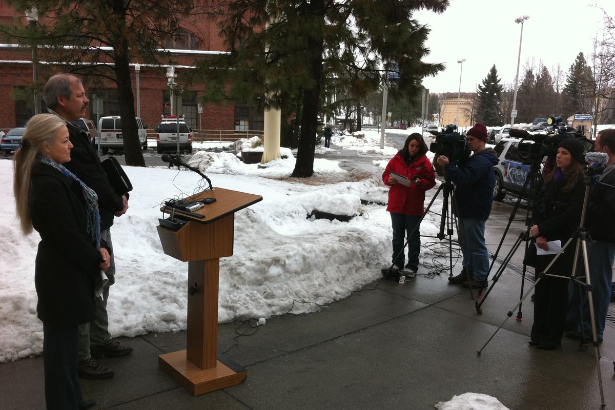 Spokane Mayor Mary Verner and Streets Department Director Mark Serbousek address the media about snow plowing Thursday, Dec. 2, 2010.
 (Jonathan Brunt)