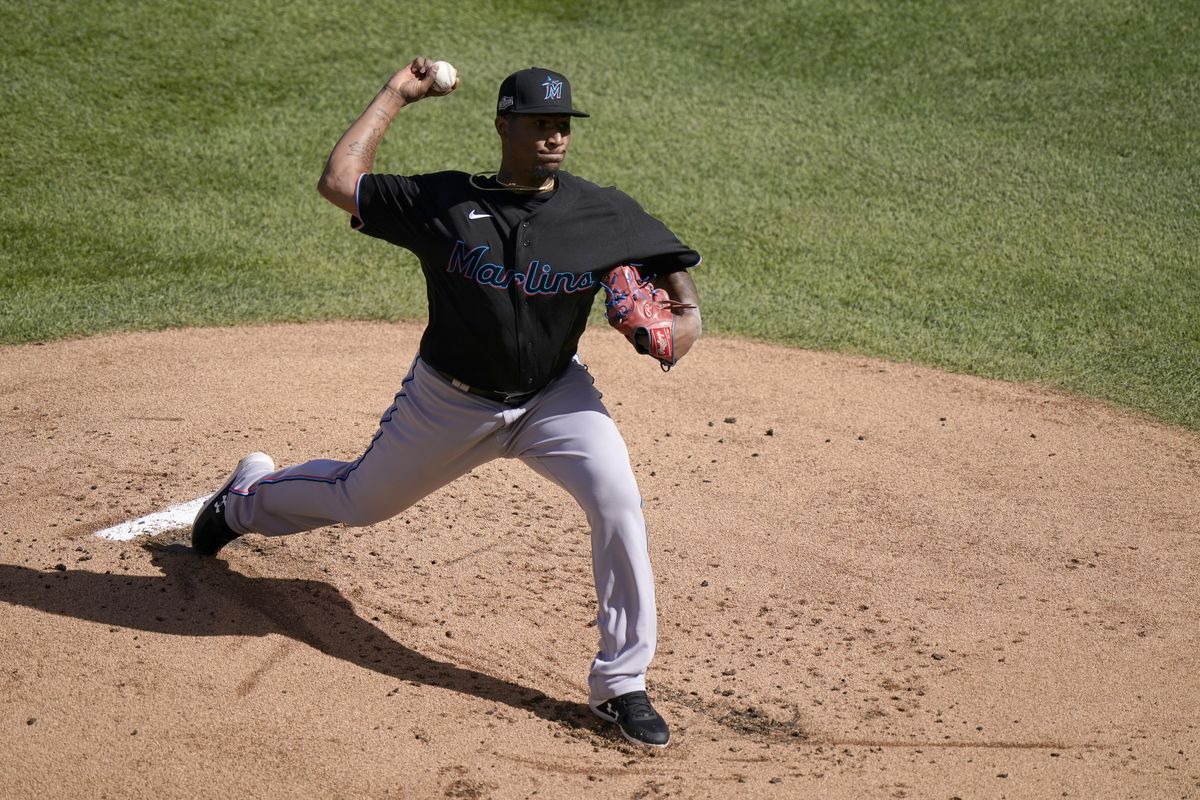 Miami Marlins starting pitcher Sixto Sanchez throws during the first inning in Game 2 of a National League wild-card baseball series against the Chicago Cubs Friday, Oct. 2, 2020, in Chicago.  (Nam Y. Huh)