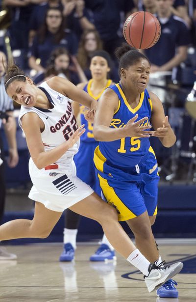 Gonzaga guard Shaniqua Nilles, left, and UC Riverside guard Michelle Curry collide during the second half of a WNIT first round game on Thursday at the McCarthey Athletic Center. Nilles was injured and taken to the hospital, but released. (Colin Mulvany / The Spokesman-Review)