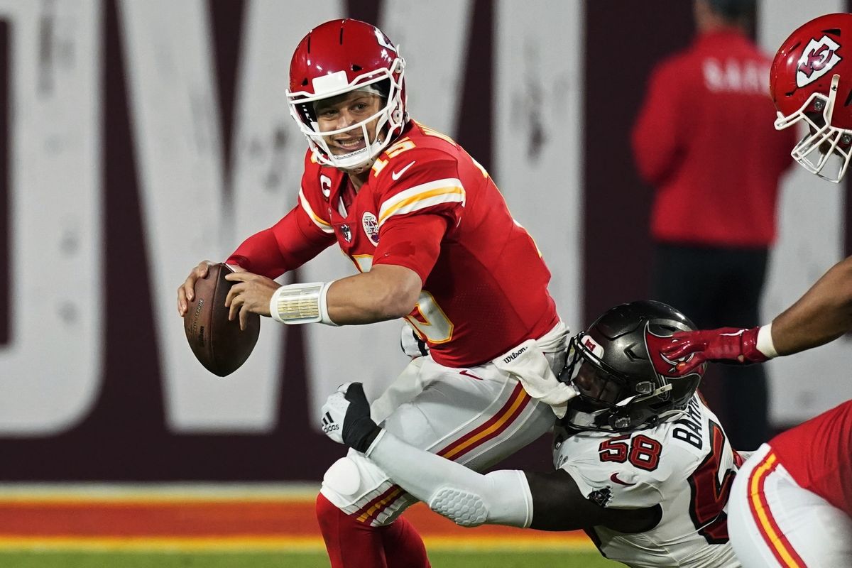 Tampa Bay Buccaneers outside linebacker Shaquil Barrett sacks Kansas City Chiefs quarterback Patrick Mahomes during the second half of the NFL Super Bowl 55 football game Sunday, Feb. 7, 2021, in Tampa, Fla.  (Ashley Landis)