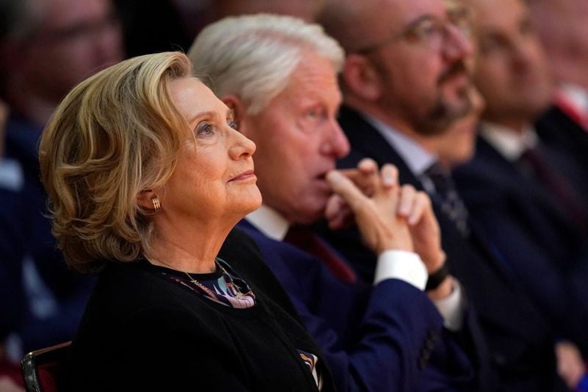 Former U.S. Secretary of State Hillary Clinton listens to speakers during the international conference to mark the 25th anniversary of the Good Friday Agreement on April 19, 2023, in Belfast, Northern Ireland.  (Niall Carson/Pool via REUTERS)