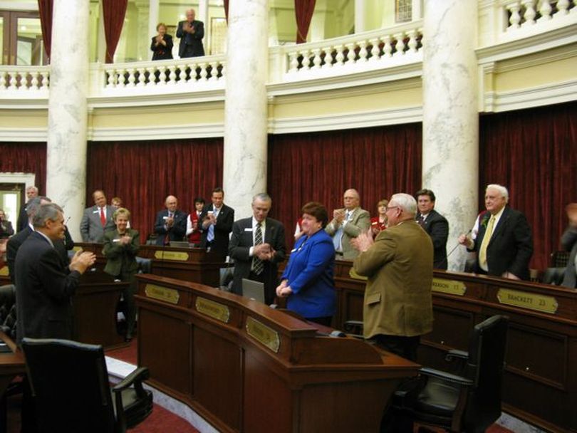 Senators applaud outgoing Sen. Joyce Broadsword, R-Sagle, on Thursday evening. (Betsy Russell)