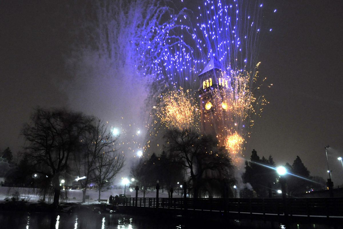 Fireworks burst over the Riverfront Park clocktower as 2009 turns to 2010 Friday morning, Jan. 1, 2010 in Spokane. The fireworks will launch at 9 p.m. New Year’s Eve this year. (Jesse Tinsley / The Spokesman-Review)