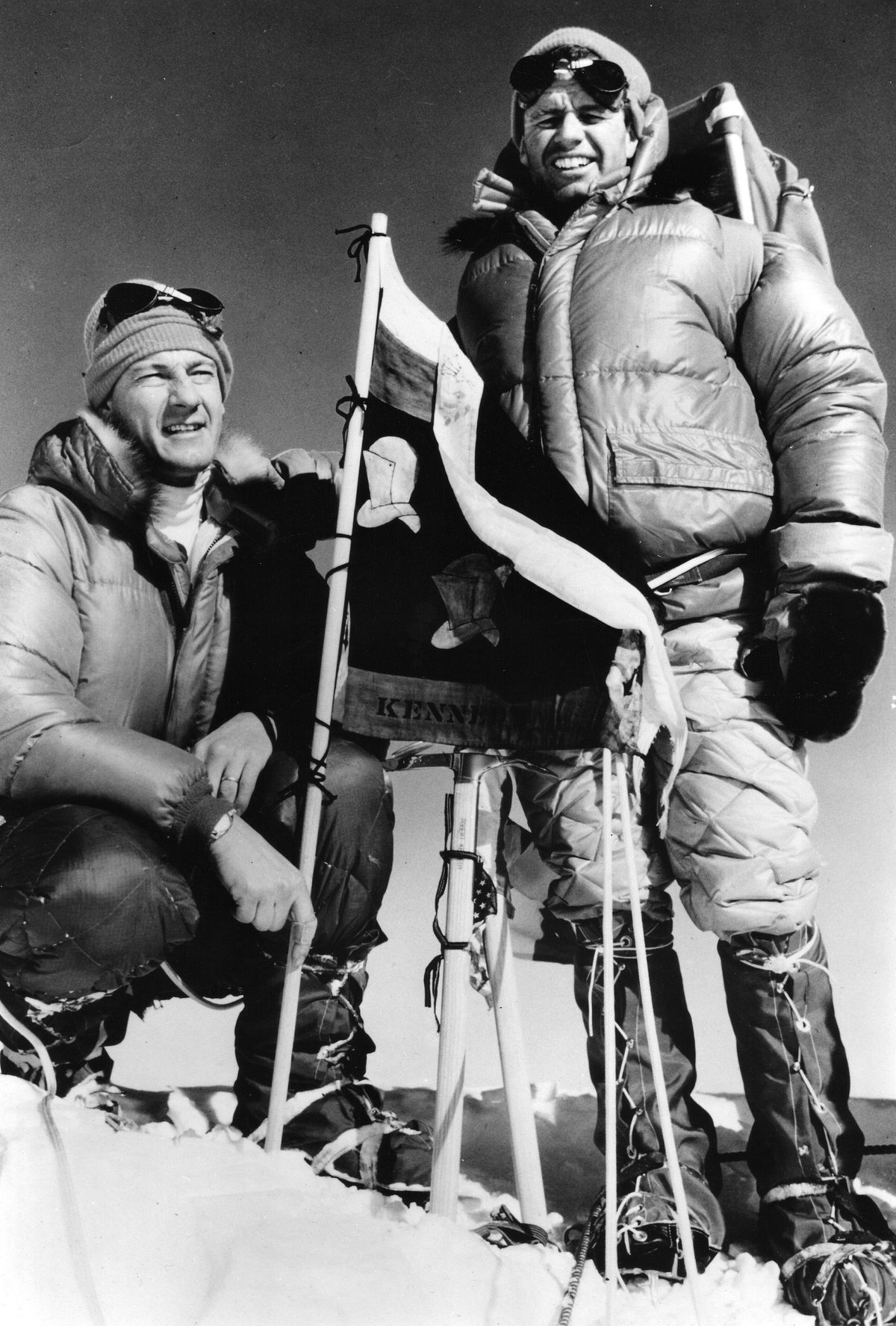 Jim Whittaker, left, and Robert Kennedy reach the summit of Mount Kennedy on March 24, 1965. (Albert Allard photo (National Geographic) courtesy of Whittaker Family Collection)