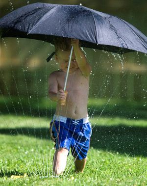 John Lamont, 2, plays in a water sprinkler, Friday, June 26, 2009, in Decatur, Ill.  (Kelly Huff / Associated Press)